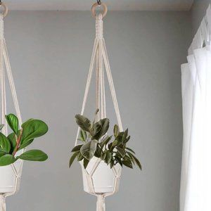 Plant Hanger Ivory Handmade Woven Rope Net Hanging Planter Polyester New
